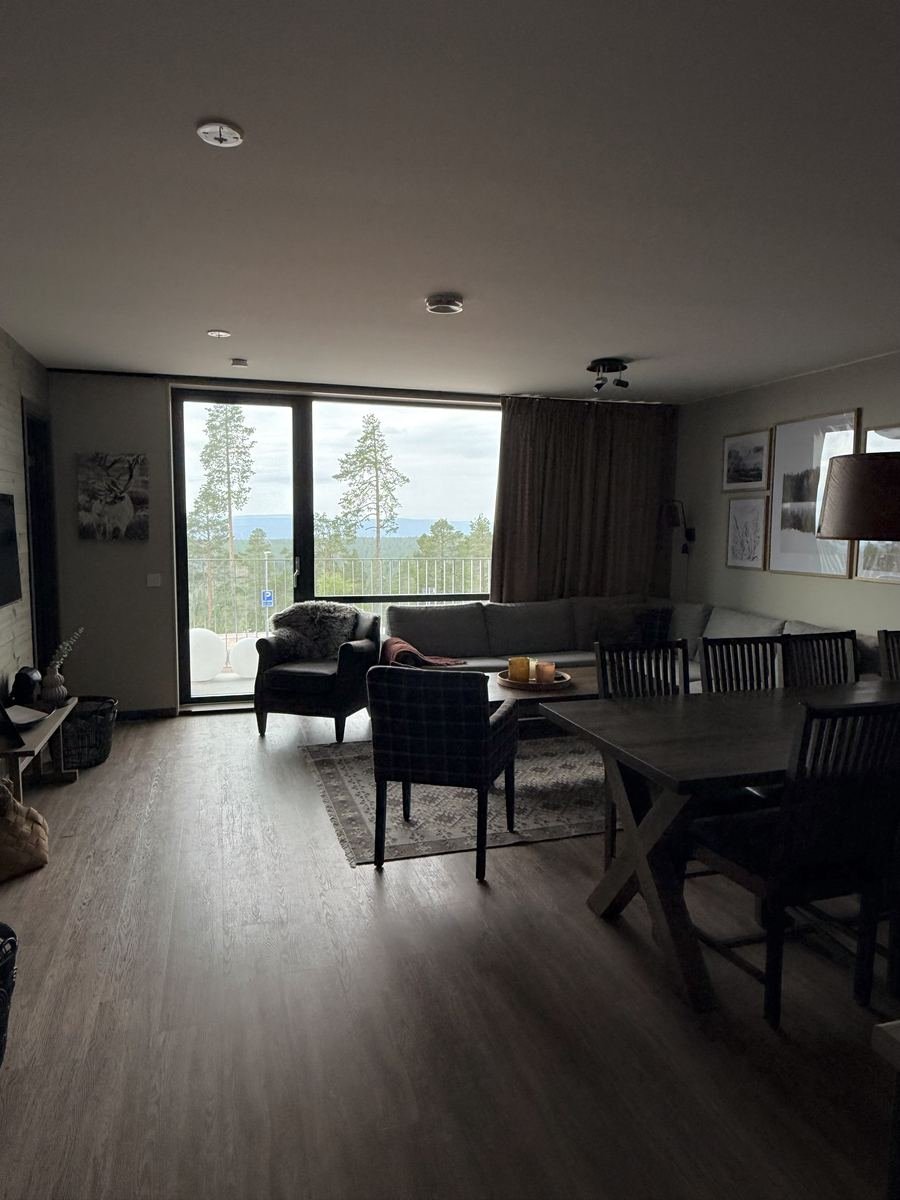 Idrefjäll chalet living room with panoramic mountain views